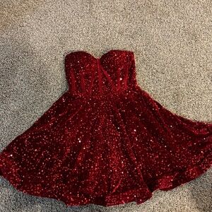 Small red velvet sequin mini dress strapless NYE